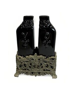 Drake Design Onyx Black Pill And Vinegar Set Tuscan Scroll Fleur De Lis Base